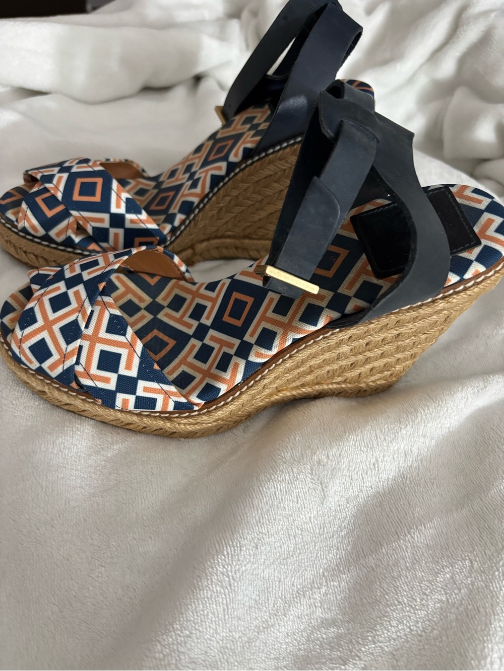 Tory Burch Navy and Tan Geometric Espadrille Wedge Sandals